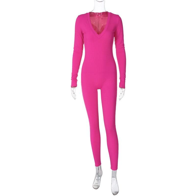 Ribbed solid long sleeve v neck jumpsuit  | Festival Outfits Women