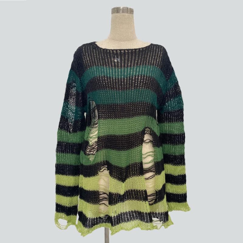 Gradient hollow out contrast striped long sleeve crochet cut out top