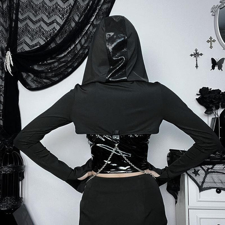 Patchwork metal chain buckle hoodie long sleeve crop top