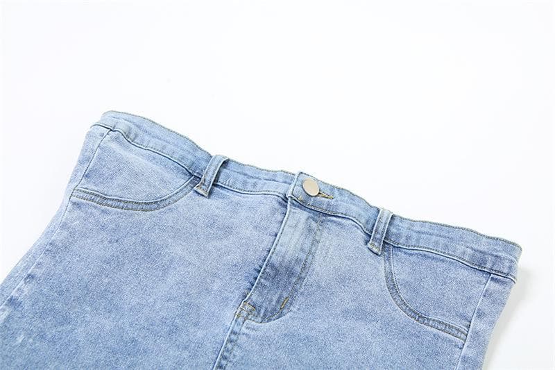 Button zip-up backless denim tube mini dress