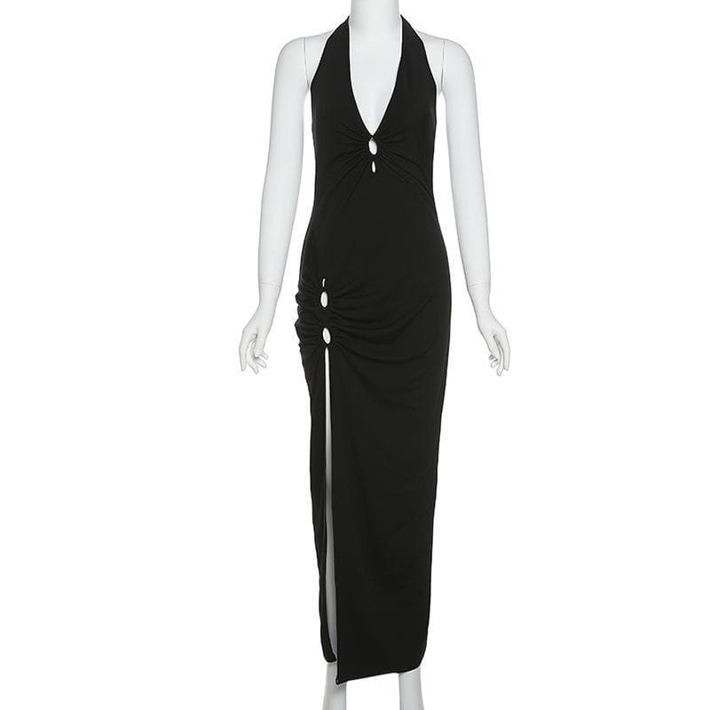 V neck hollow out ring slit solid maxi dress - Halibuy