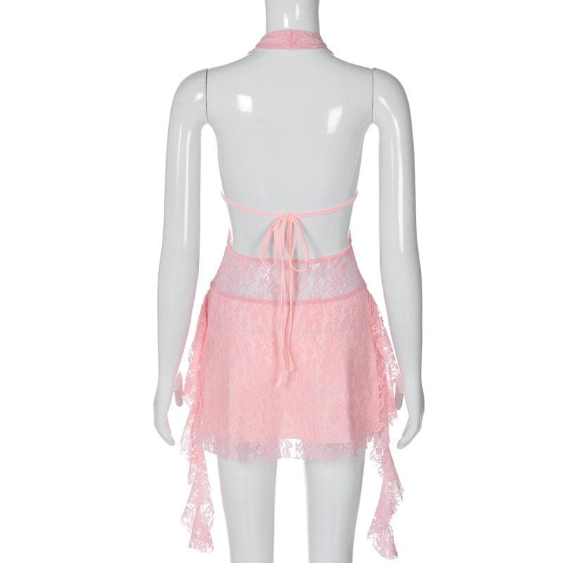 Halter v neck backless lace self tie hollow out cut out mini dress