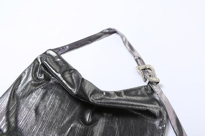 Metallic cowl neck buckle halter ruched backless top  | Festival Outfits Women