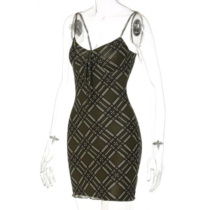 Plaid contrast print ruffle low cut backless cami bodycon dress