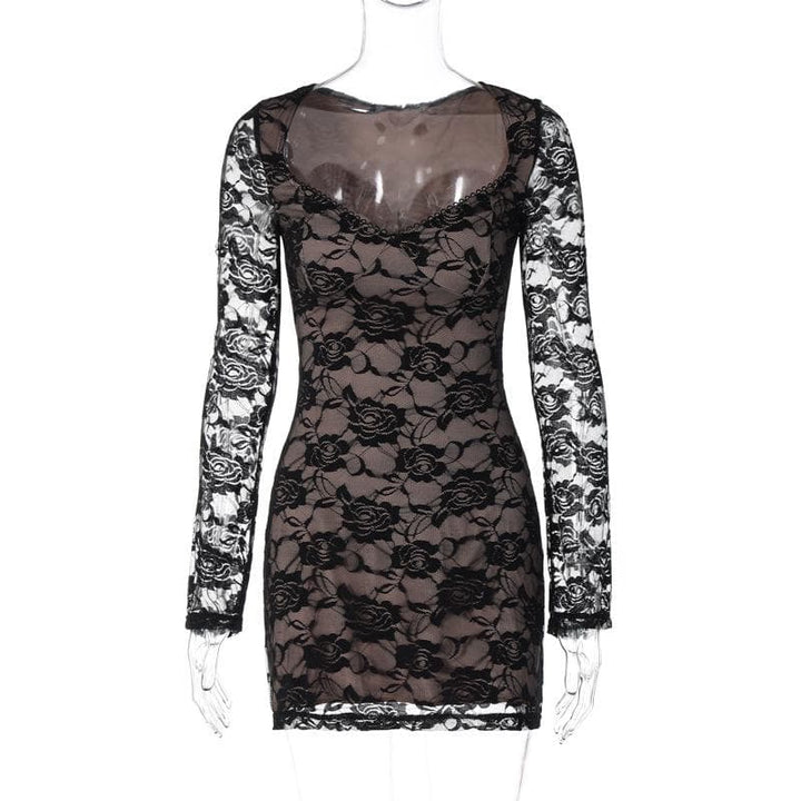 Long sleeve v neck lace contrast patchwork mini dress  | Festival Outfits Women