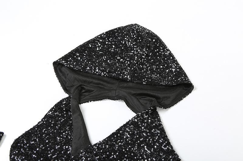 Glitter cowl neck hoodie gloves backless halter crop top  | Festival Outfits Women