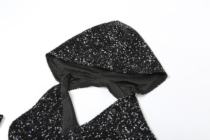Glitter cowl neck hoodie gloves backless halter crop top  | Festival Outfits Women