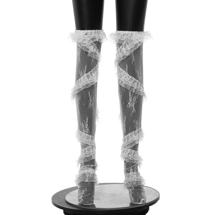 Lace ruffle solid stitch thigh high socks  | Festival Outfits Women