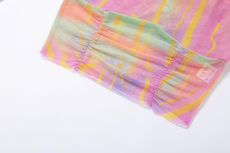 Long sleeve ruffled hollow out mesh top - Halibuy