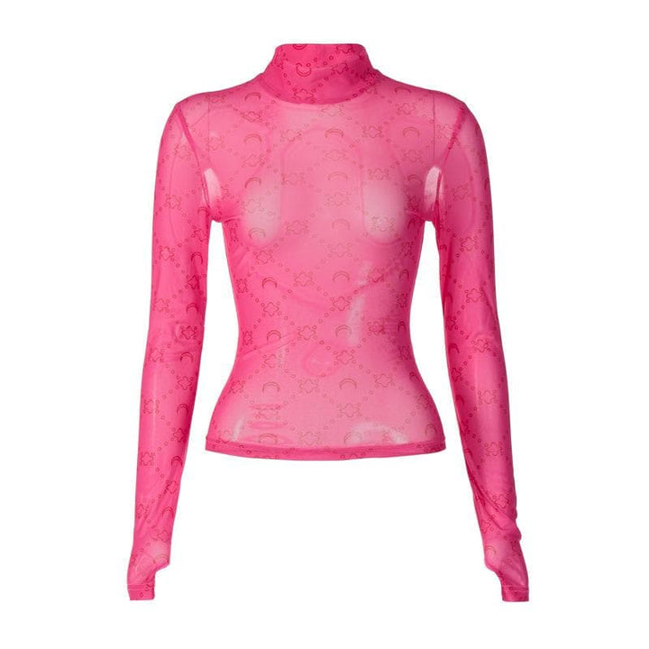 Sheer mesh see through solid long sleeve gloves print high neck top