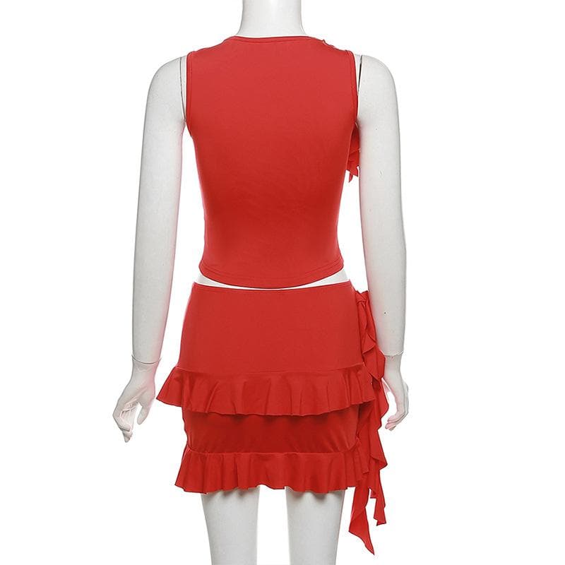 Crewneck ruffle solid self tie mini skirt set  | Festival Outfits Women