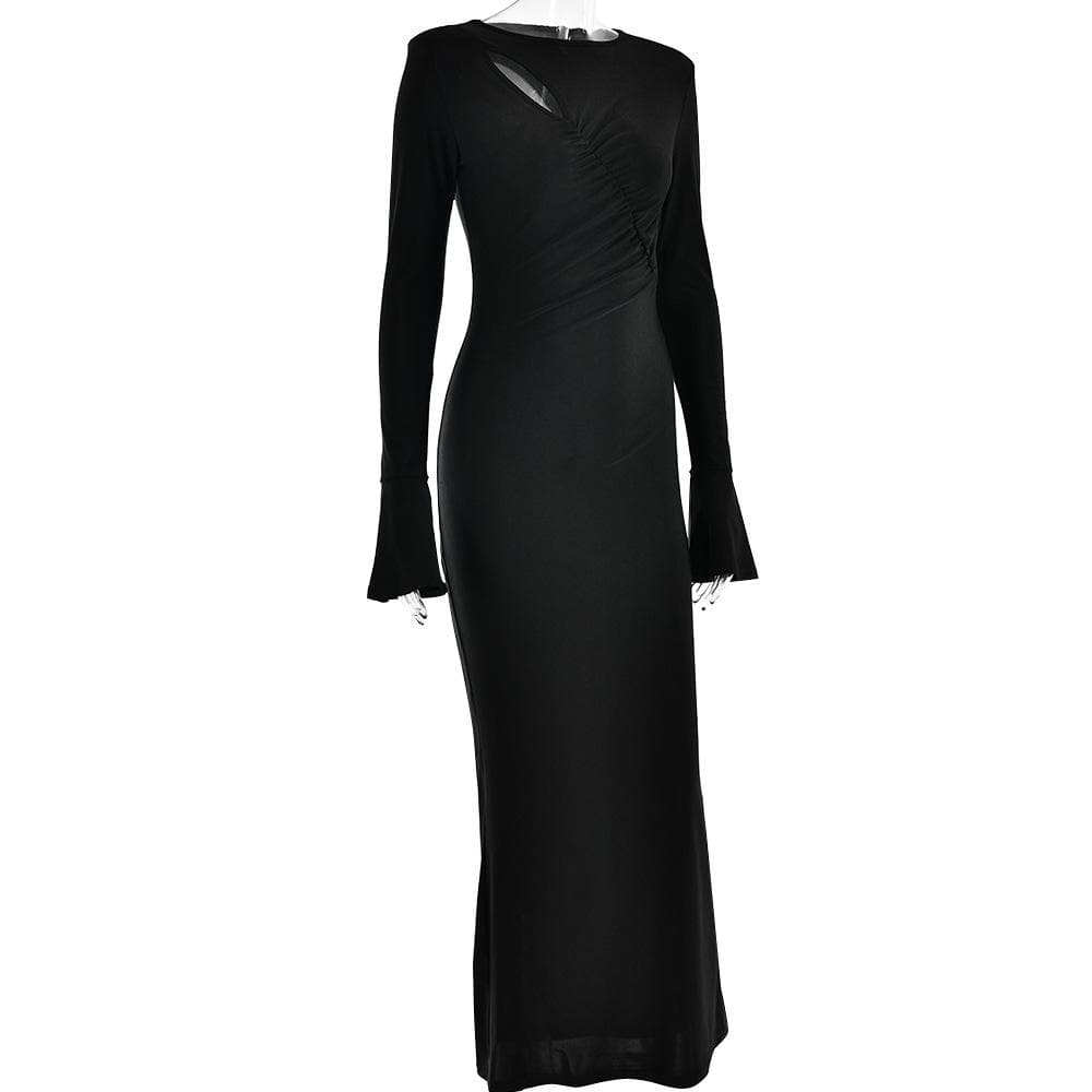 Ruched solid hollow out irregular long sleeve cut out maxi dress - Final Sale