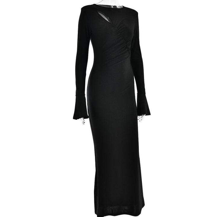 Ruched solid hollow out irregular long sleeve cut out maxi dress - Final Sale