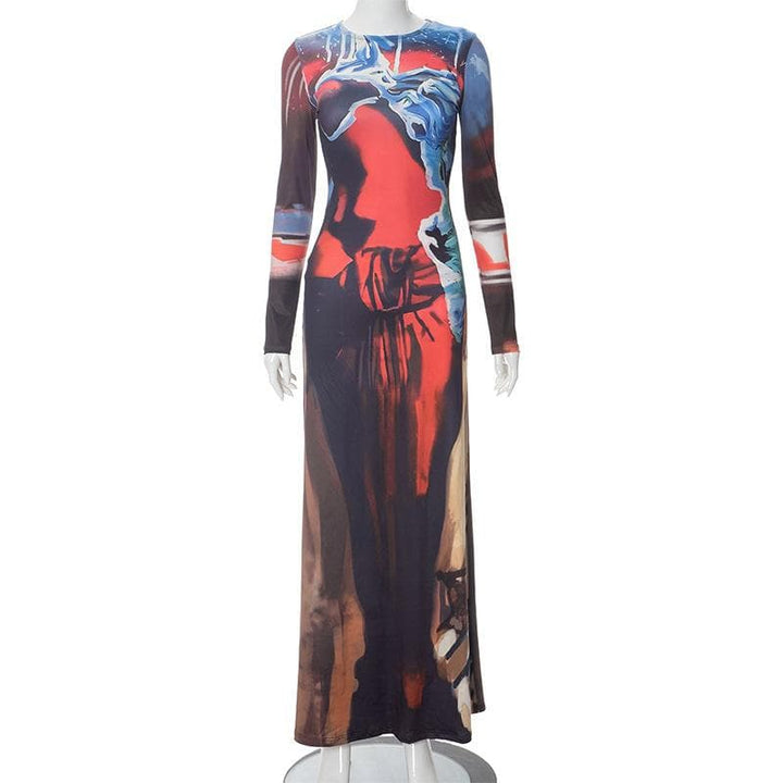Abstract long sleeve contrast print maxi dress  | Festival Outfits Women