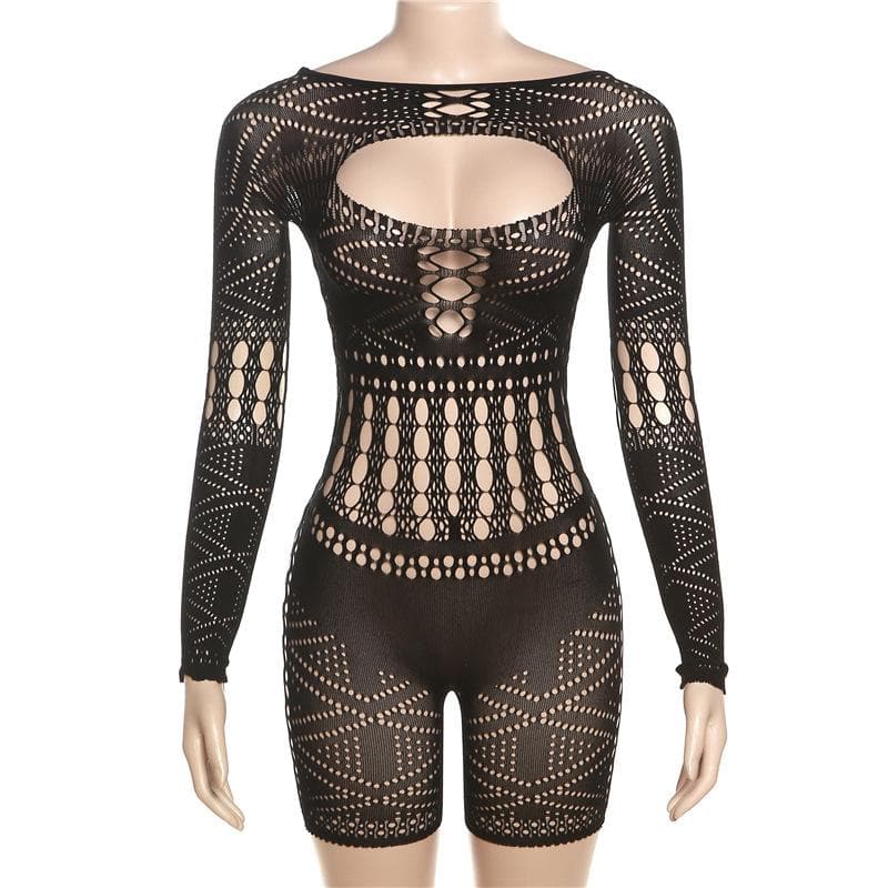 Long sleeve hollow out fishnet solid romper-final-sale