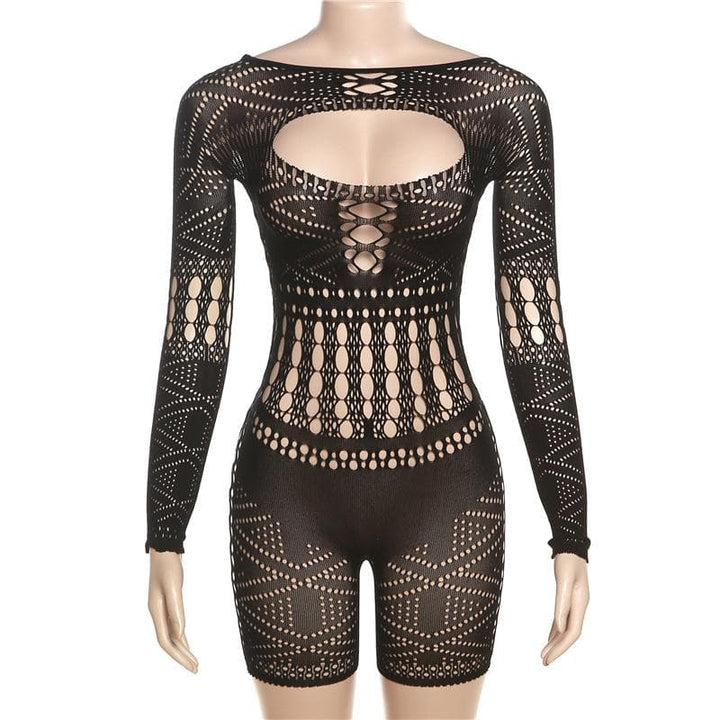 Long sleeve hollow out fishnet solid romper-final-sale