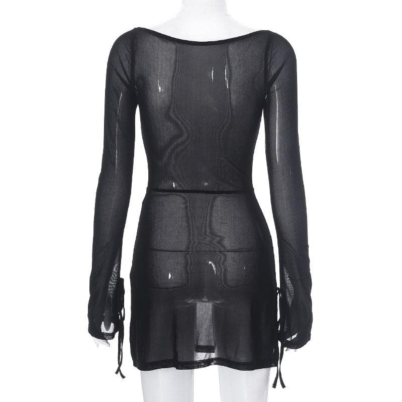 Sheer mesh see through square neck slit long sleeve mini dress-final-sale