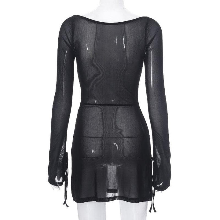 Sheer mesh see through square neck slit long sleeve mini dress-final-sale