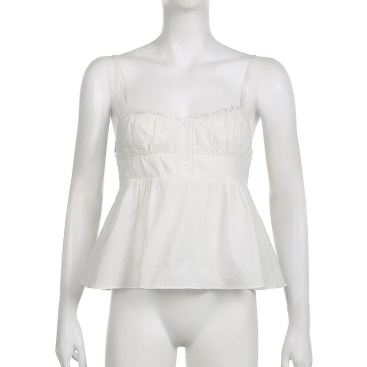 Backless ruched zip-up button lace hem solid cami top