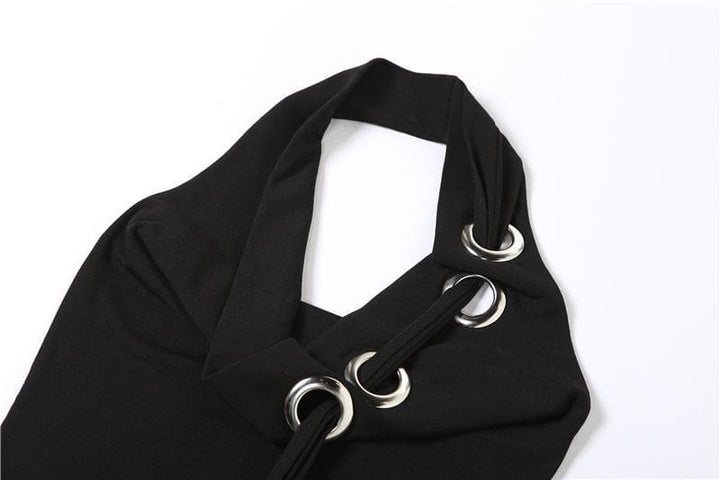 Halter backless hollow out ribbed cowl neck solid cut out top