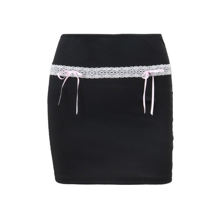Bowknot lace hem ribbon A line contrast mini skirt  | Festival Outfits Women