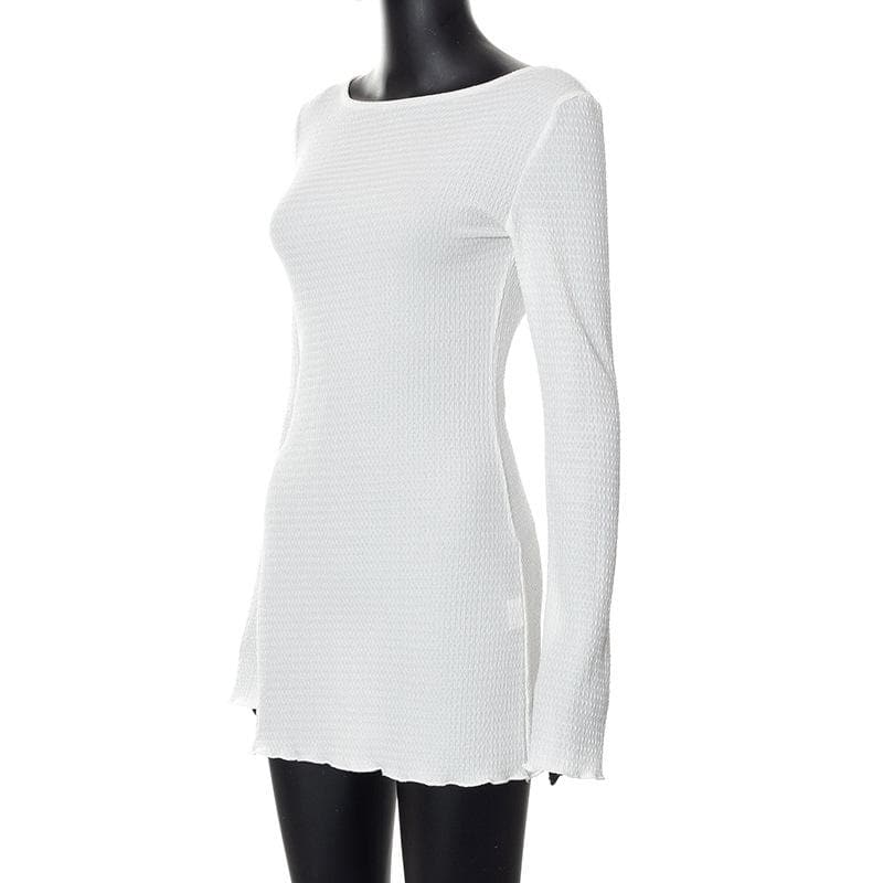 Textured solid self tie backless long sleeve ruffle mini dress