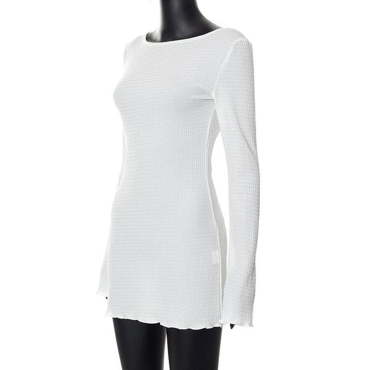 Textured solid self tie backless long sleeve ruffle mini dress
