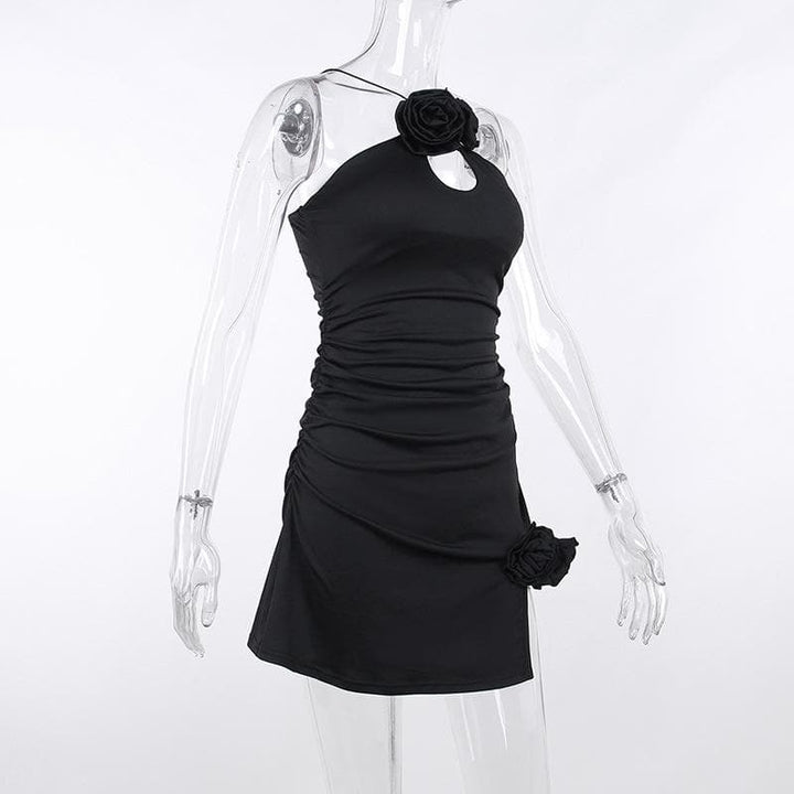 Ruched flower applique hollow out backless slit cut out mini dress
