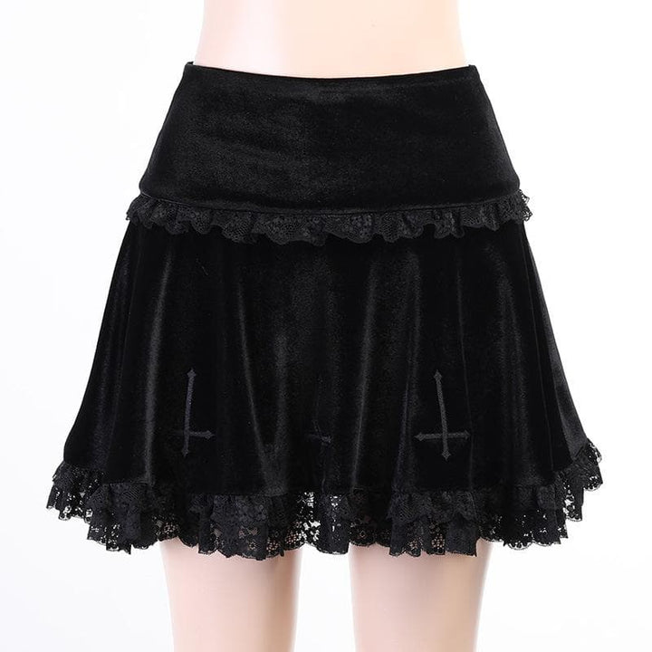 Solid A line lace hem spider web pattern mini skirt