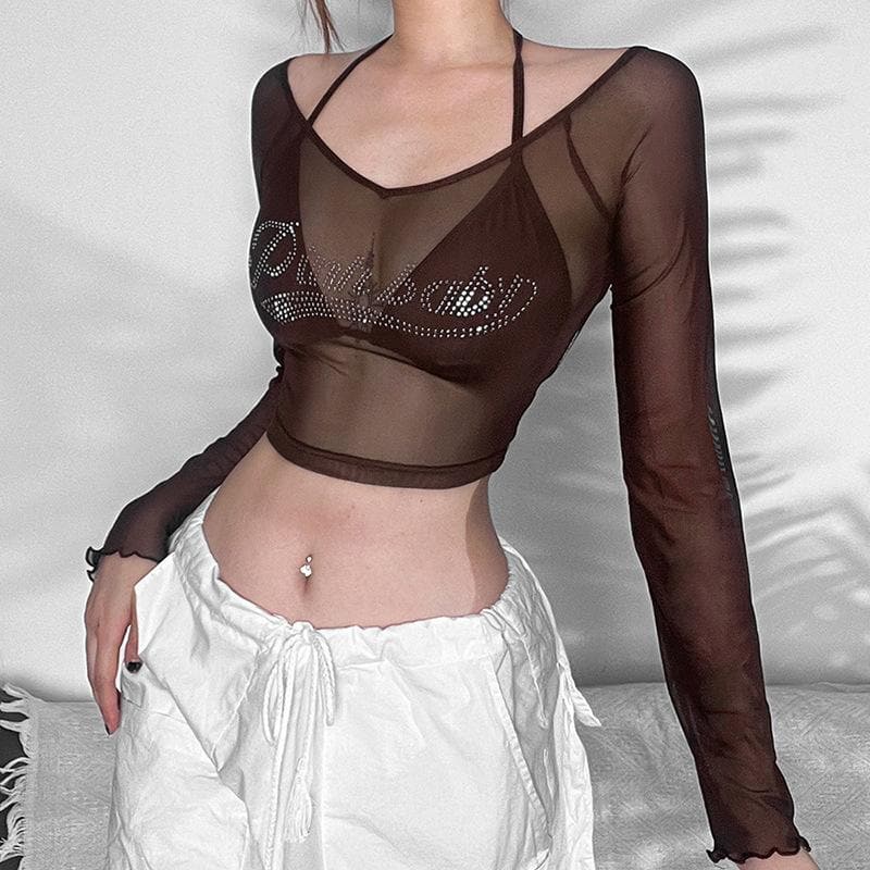 Mesh off shoulder long sleeve beaded halter 2 piece crop top | Mesh Long Sleeve Crop Top