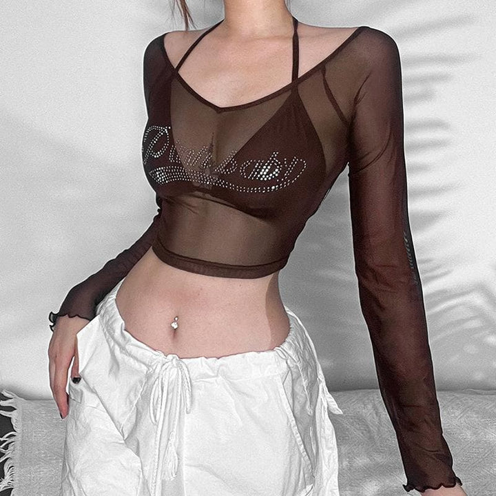 Mesh off shoulder long sleeve beaded halter 2 piece crop top | Mesh Long Sleeve Crop Top