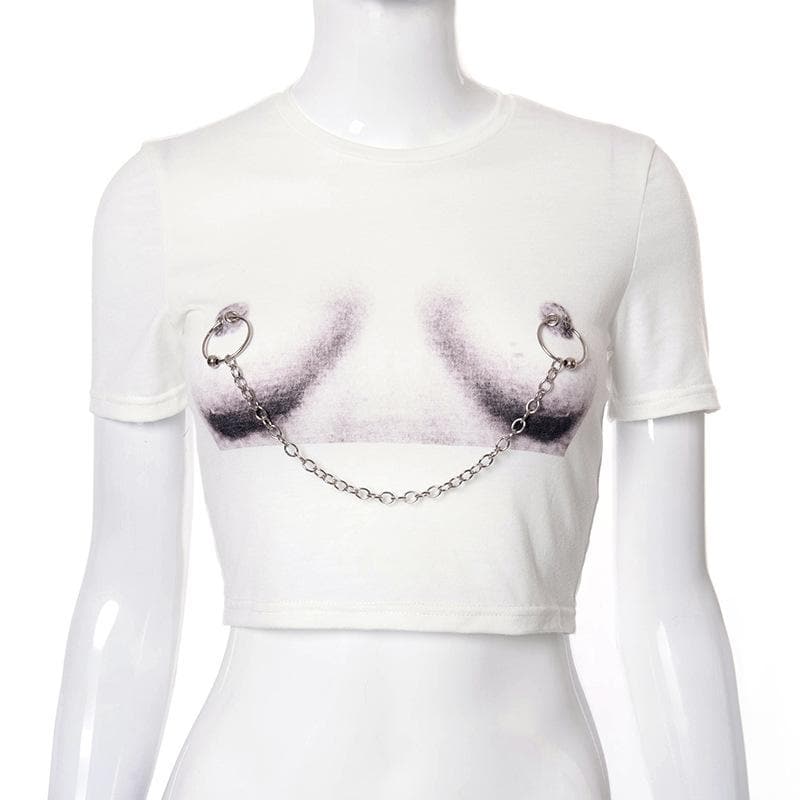 Body print metal chain contrast short sleeve crop top-final-sale