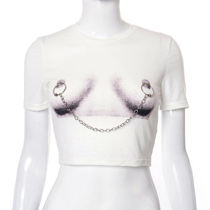 Body print metal chain contrast short sleeve crop top-final-sale