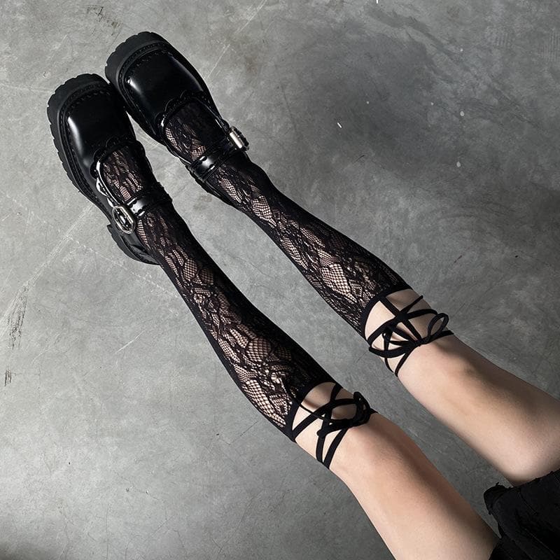 Sheer lace self tie knee high socks