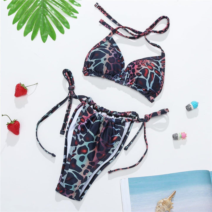 Leopard print contrast self tie halter backless ruched bikini swimwear