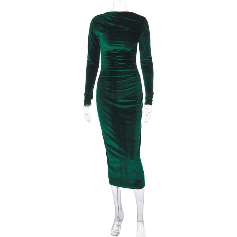 Velvet solid ruched long sleeve midi dress  | Festival Outfits Women
