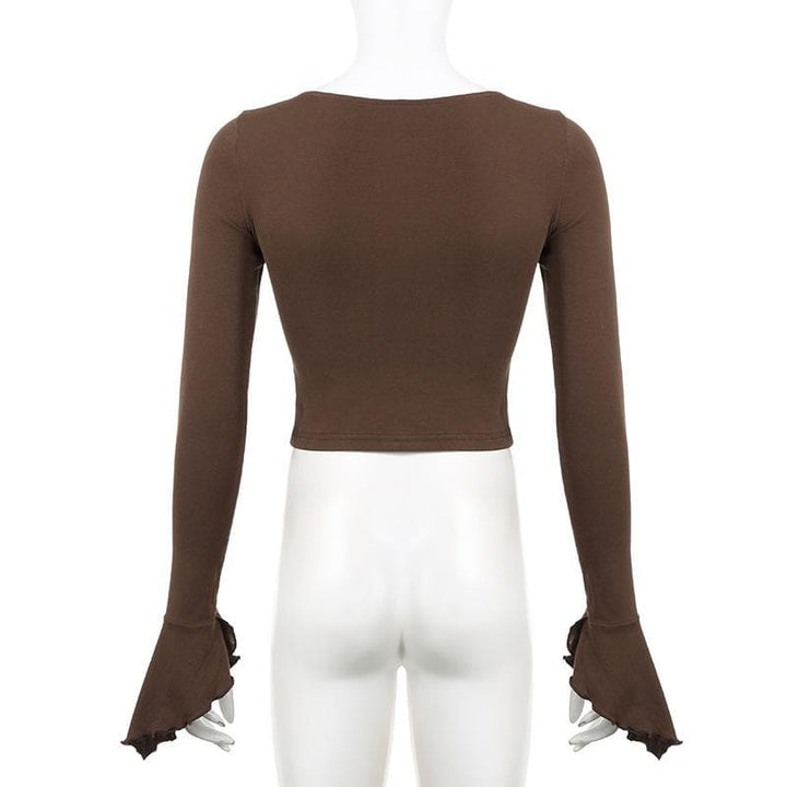 Lace up long flared sleeve ruched lace hem ruffle crop top