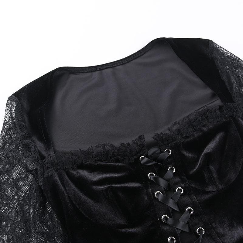 Long flared sleeve velvet lace patchwork ruffle lace up crop top  | Festival Outfits Women