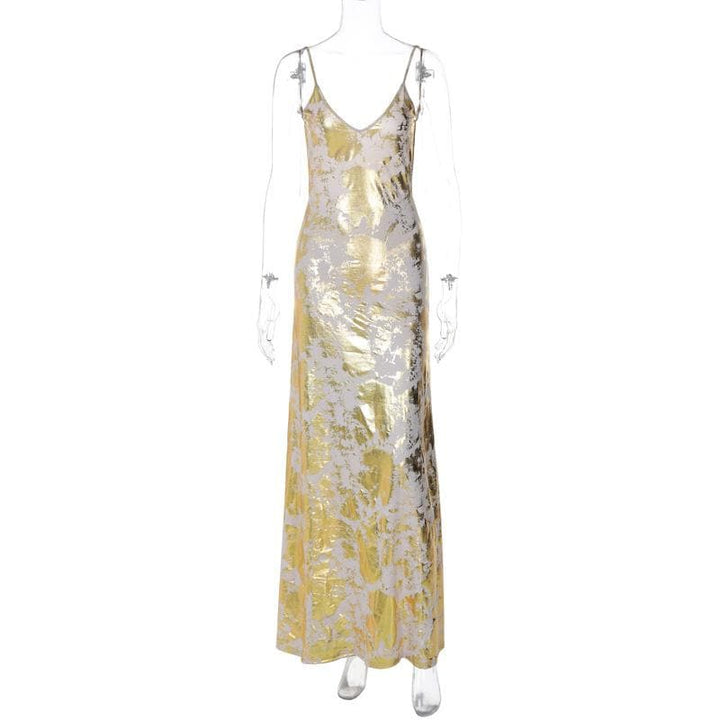 V neck backless metallic print contrast cami maxi dress  | Festival Outfits Women