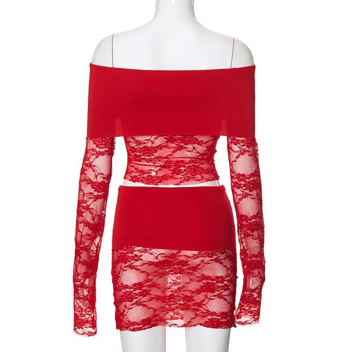 Long sleeve off shoulder lace see through mini skirt set  | Festival Outfits Women
