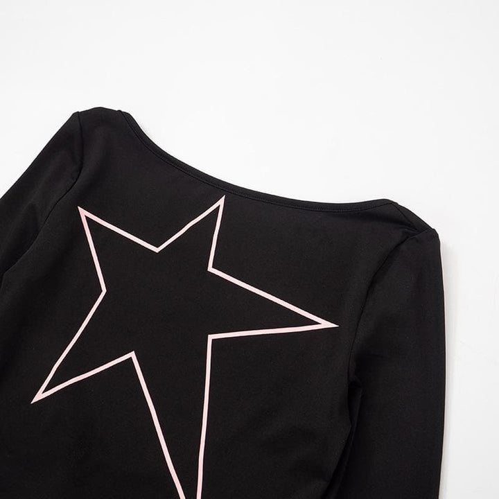 Long sleeve star pattern backless contrast crop top  | Festival Outfits Women