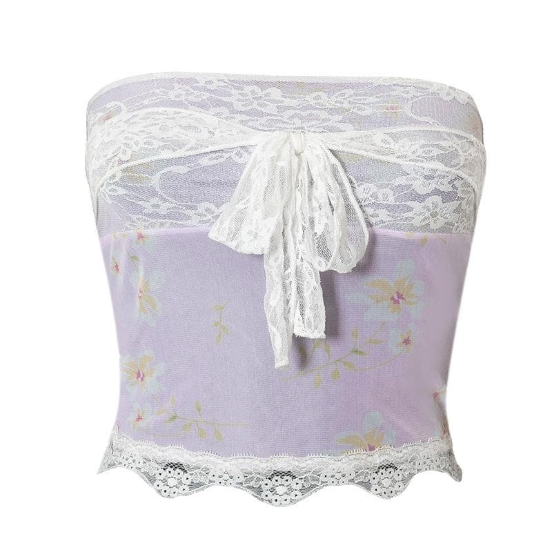 Sheer mesh lace self tie front floral print tube top
