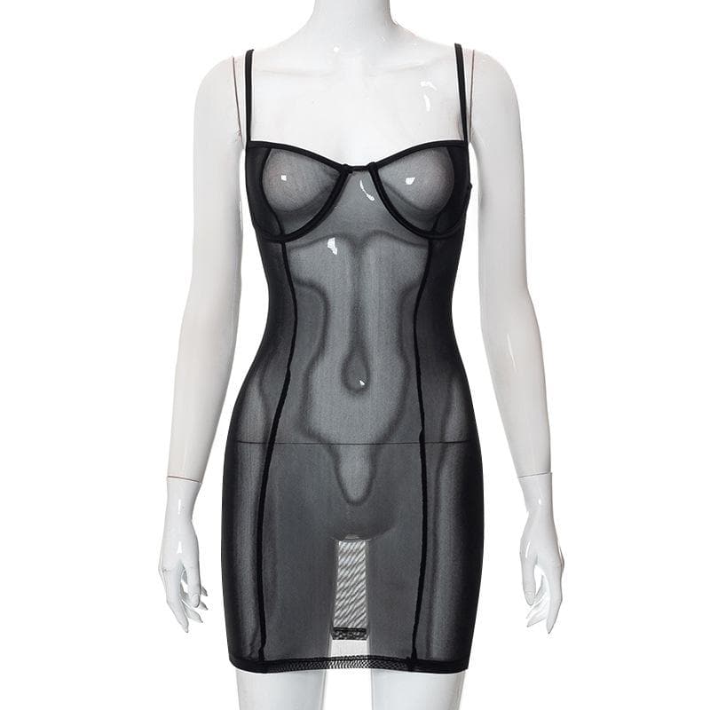 Sheer mesh see through solid low cut cami mini dress-final-sale