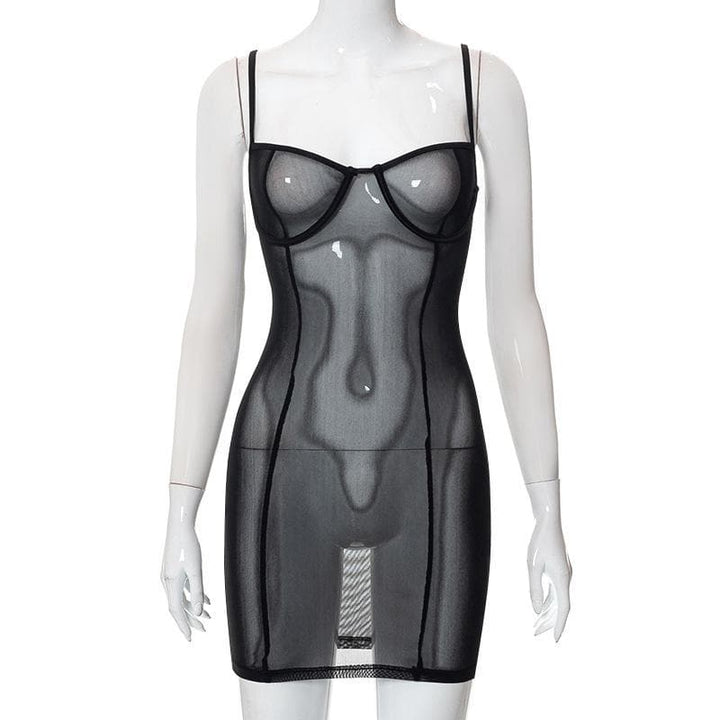 Sheer mesh see through solid low cut cami mini dress-final-sale