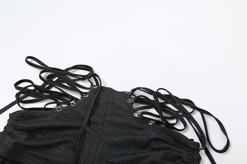 Lace up hollow out self tie drawstring high rise pant set-final-sale