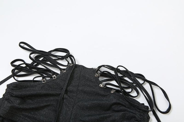 Lace up hollow out self tie drawstring high rise pant set-final-sale
