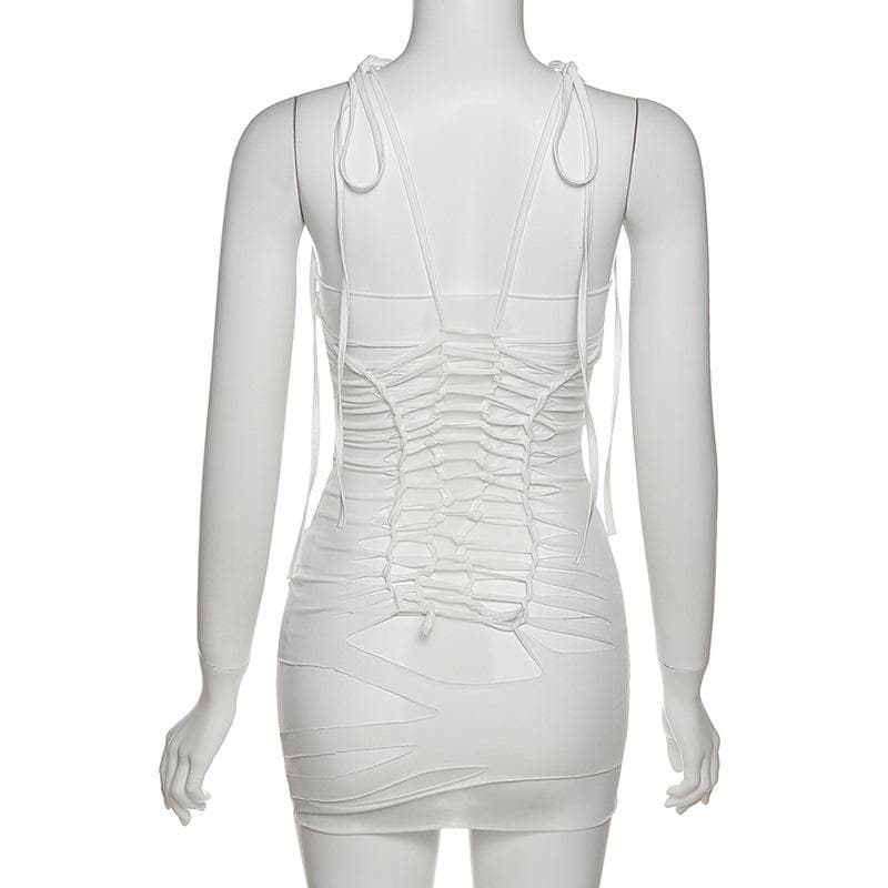 Backless hollow out self tie solid cami mini dress - Final Sale