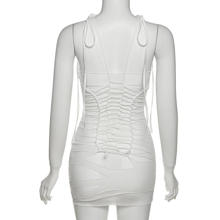 Backless hollow out self tie solid cami mini dress - Final Sale