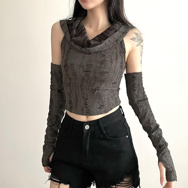 Textured off shoulder hoodie gloves cowl neck crop top