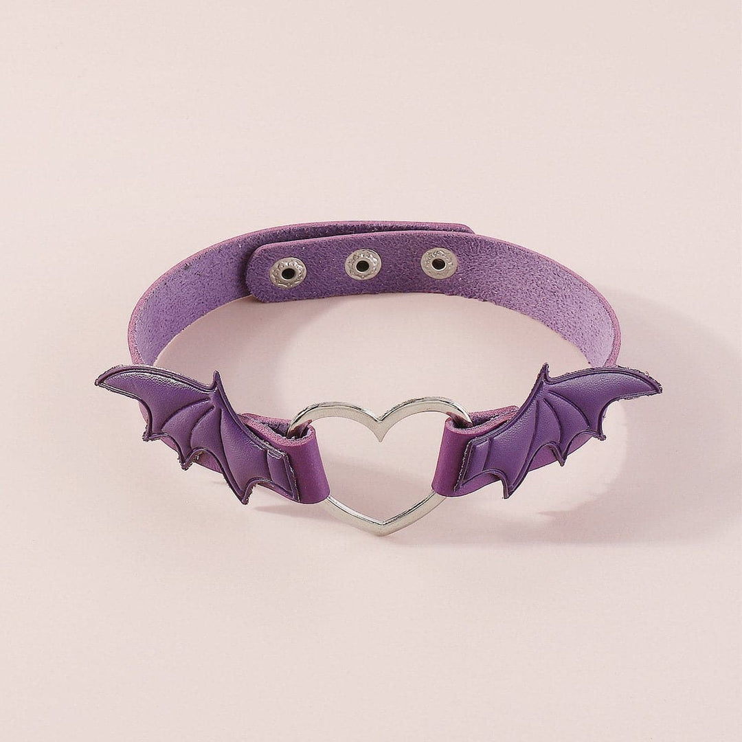 Wing heart ring button PU choker necklace